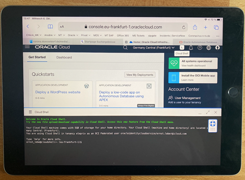 Abbildung 6: Melden Sie sich auf dem Tablet an der Oracle Cloud an und starten Sie, wie oben gezeigt, die Cloud Shell